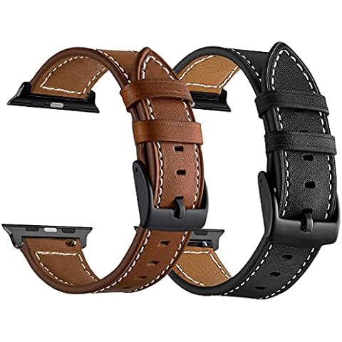 LDFAS Compatible for Apple Watch Series 10 Band 46mm, (Large) Leather Watch Strap with Black Buckle Compatible for Apple Watch Ultra 2 49mm, Apple Watch 9/8/7 45mm Bands,Brown+Black (2 Pack) M/L Cover