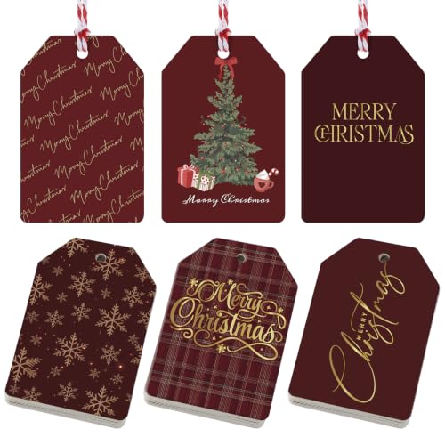 Dunzoom 60 Pcs Christmas Gift Tags with String Burgundy Red Christmas Hanging Paper Labels Xmas Present Name Tags for Personalizing Your Holiday Gifts DIY Xmas Present Wrapping and Label Packaging