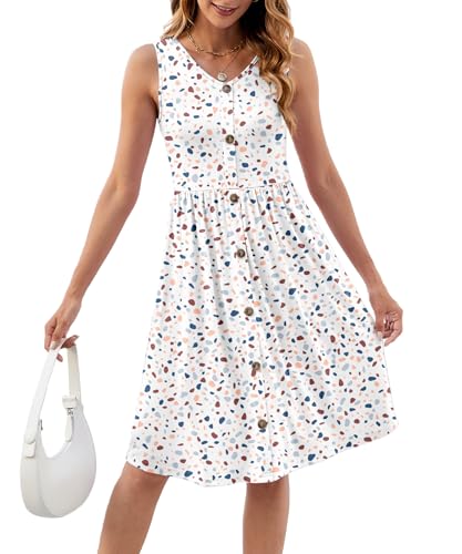 Image of KUOTAI Womens Summer Dresses Sleeveless Casual Loose Swing Button Down Midi Dress V-Neck Flowy A-Line Sundress