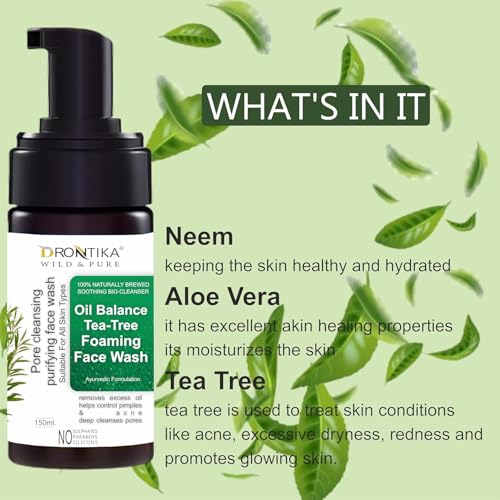 Image of Drontika Wild & Pure Tea Tree Foaming Face Wash with Tea Tree and Ayurvedic Ingredinets for Acne and Pimples - 150ml Gently Cleanses |Removes Excess Oil |Antibacterial(Tea Tree (Oil Balance))