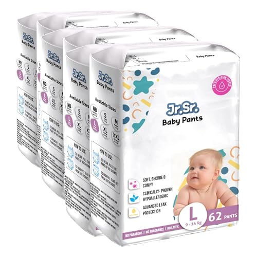 Image of Jr. Sr. Baby Diaper Pants | Large (L) Size (9-14 kg), 124 Count | Pack of 6 | Upto 12 hr Absorption with Advanced Leak Protection | Safe For Babies Skin | Soft, Secure & Comfy