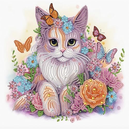 Image of AiYuanzsh 5D Special Shape Diamond Art Kits for Beginners, Cat Diamond Painting Kits for Adults, Crystal Rhinestones Diamond Art for Home Wall Decoration Gift 12x12inch /30x30cm, Animal