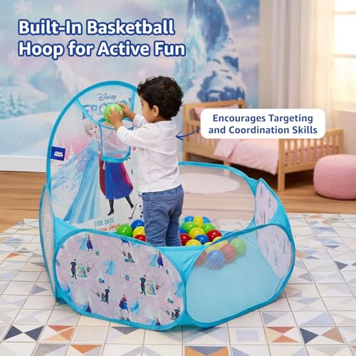 Image of Amazon Brand - Jam & Honey Disney Frozen Pop-Up Ball Pool Tent with 25 Balls & Basketball Hoop | Non-BPA Balls | Indoor & Outdoor Play Tent | 2+ Years