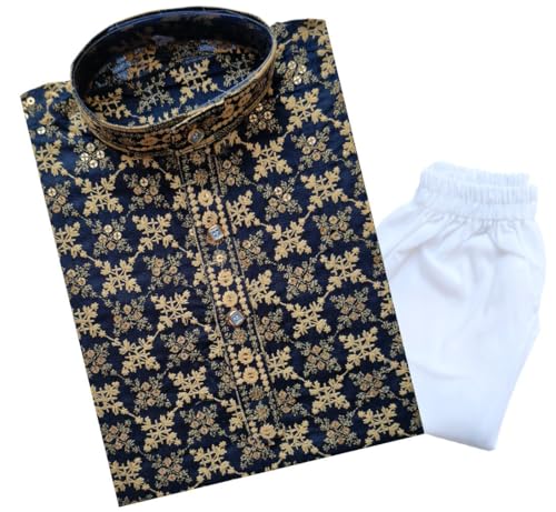 Image of TinySteps Boys' Ethnic Wear - Cotton Lakhnavi Chikan Kurta with Golden Sequence Work and Elastic Waist White Cotton Pajama - Festive & Wedding Outfit
