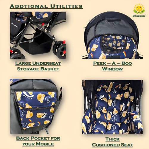 Image of Ezy Go+ Baby Stroller Pram with Mosquito Net | Reversible Handle, Full Recline & Foldable | All-Terrain 360Swivel Wheels, Safety Harness, Large Storage Basket | Thick Cushion Seats for Newborns to Toddlers 0-3 years (N. Blue -Teddy)