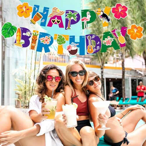 Image of Hawaiian Happy Birthday Banner Tropical Birthday Banner Colorful Hawaiian Luau Flamingo Pineapple Palm Leaf for Kids Summer Baby Shower Party Decorations Supplies