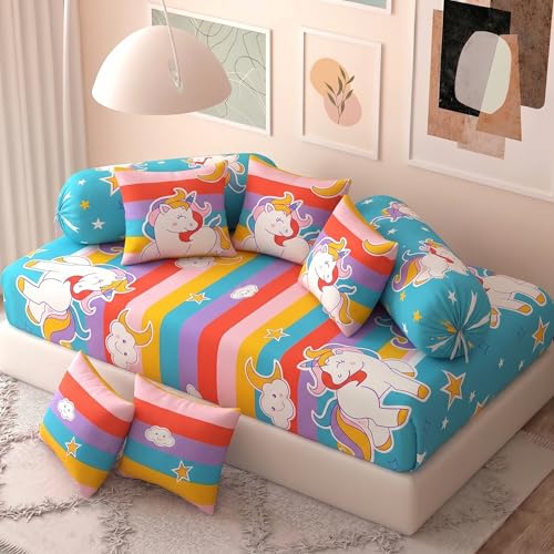 Image of Filymore Multicolor Star Unicorn Kids Fitted Diwan Set 8 Pieces - Microfiber Diwan Bedsheet Set with 5 Cushion Covers & 2 Bolster Covers | Soft Rainbow Unicorn Print Diwan Cover Set for Kids Room