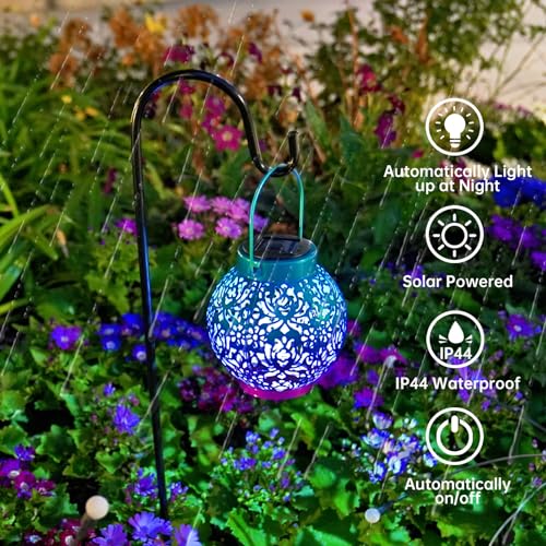 Image of 2 Pack Outdoor Solar Hanging Lantern Lights Metal LED Decorative Lamp for Garden Patio Courtyard Lawn and Table with Hollowed-Out Design (Royal Purple)
