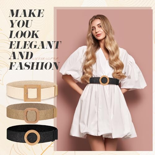 Image of Syhood 3 Pieces Straw Woven Elastic Waist Belt for Women Bohemian Dress Braided Belt