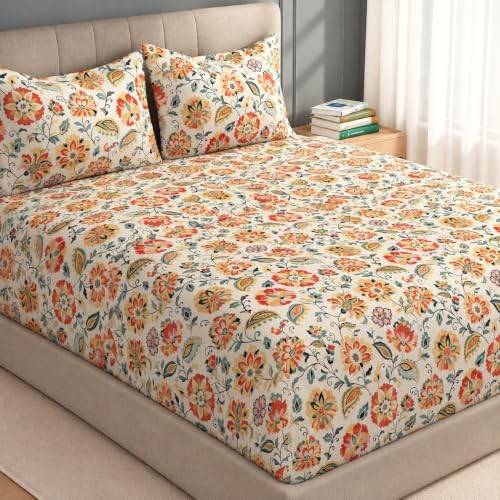 Image of Welspun Zen Microfiber Floral Double Bedsheet with 2 Pillow Covers | Percale Bed Sheet | Skin Safe, Breathable & Easy Care Bedding Set | Gift Set | Cream | 220 x 240 Cm