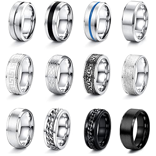 JeweBella 12Stück Ringe Herren Edelstahl Ringe Silber Poliert Keltischer Knoten Vintage Biker Ringe Schwarz Kette Ringe Wikinger Gothic Ringe Set Verlobung Freundschaftsringe für Herren Männer