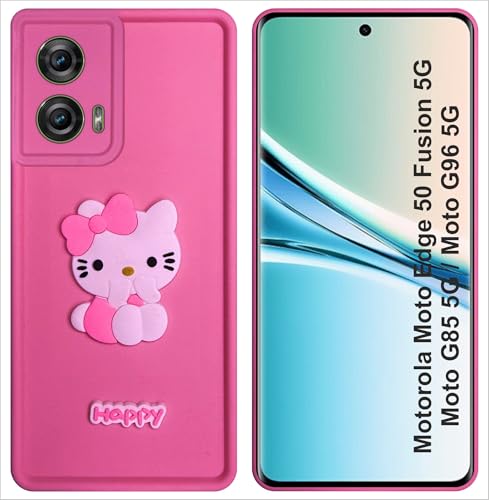 Image of Silicone Back Cover Case for Motorola Edge 50 Fusion /G85 /G96 5G | Cute Fun 3D Happy Kitty Design Silicone Case | Camera Protection Bump | Shockproof Back Cover Case for Moto G85 5G (Pink)