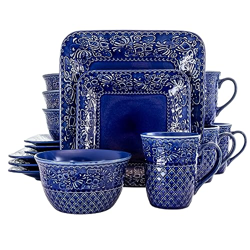 Elama Indigo Lotus 16 Piece Square Stoneware Dinnerware Set