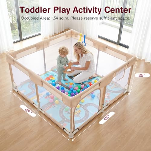 Image of Kidirect Baby Playpen 47x47 - Small Playpen for Babies & Toddlers, Activity Center, Indoor Outdoor, Oatmeal