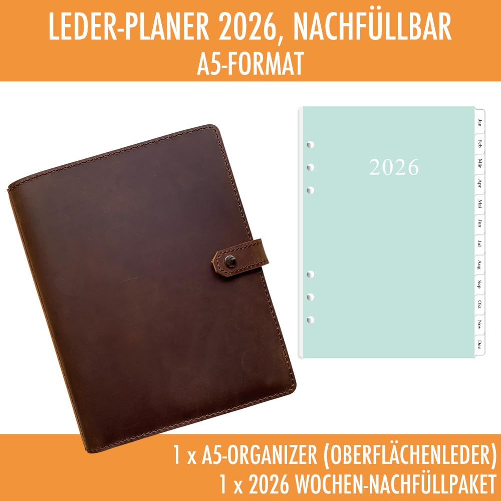 newestor Leder Terminplaner 2026, A5 Wochenplaner aus echtem Leder mit Wochen- und Monatsseiten für Männer und Frauen, Innentaschen und Stifthalter, nachfüllbar