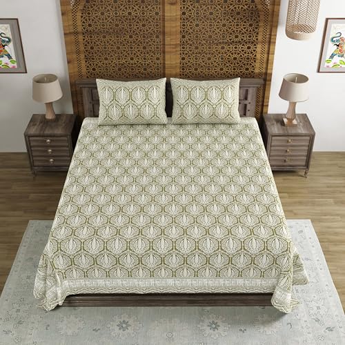 Image of BLOCKS OF INDIA Hand Block Printed 200 TC Cotton Super King Size Bedsheet (Green Pine Tree)