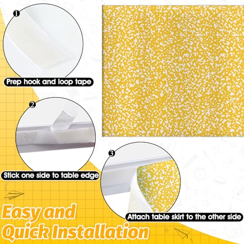 Image of 9FT Yellow and White Composition Table Skirt Teacher Desk Skirt for Composition Notebook Classroom Decor Rectangle Table Cover for Back to School Party Supplies Kindergarten Office Bookcase Cabinet