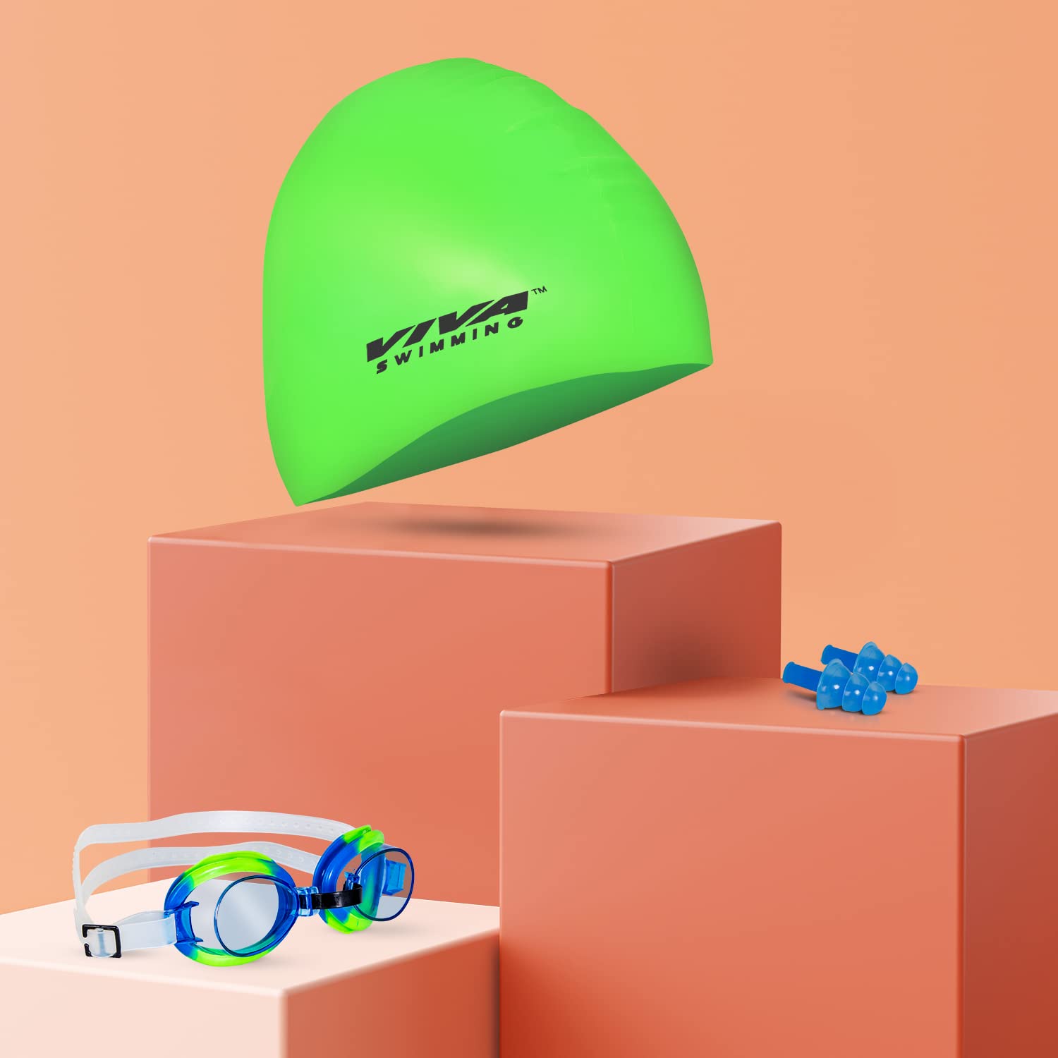 VIva Swimming Kit- Swim Goggles, Caps and Ear plug Combo Set OR Case Set- Silicone Non-Slip Material, Anti-Fog, UV Protection, Long Hair- Kids, Boys (GREEN-BLUE) (B0BXDPS76T) Amazon Price History, Amazon Price Tracker