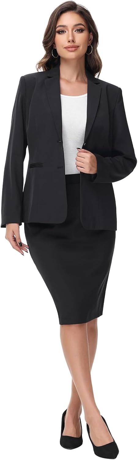 Lamgool Women's Business Skirt Suit Set 2 Piece Office Outfits Notched Lapel Blazer and Pencil Skirt