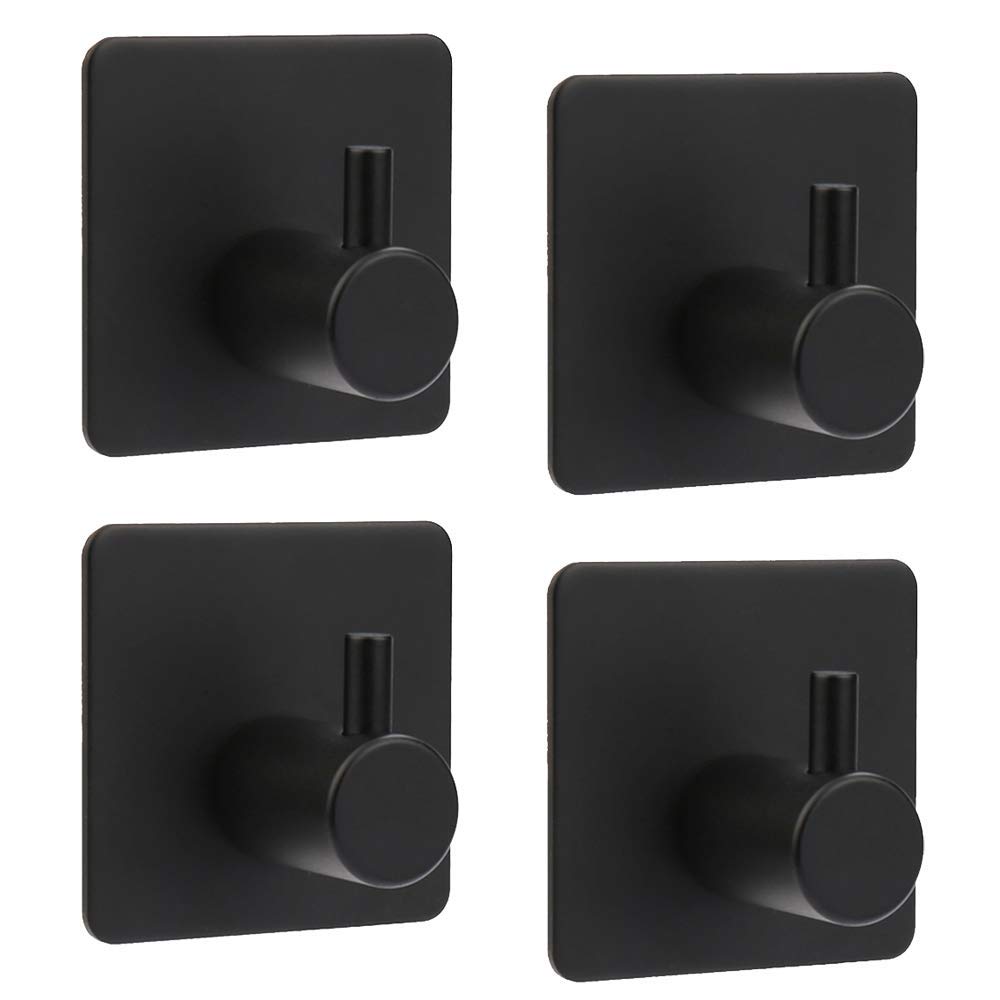 Chielor Self Adhesive Towel Hooks, Heavy Duty Wall Matte Black Hooks Waterproof SUS 304 Stainless Steel Hooks for Hanging Coat,Hat,Towel Robe Hook Rack Bathroom and Bedroom (Black 4 Pack)