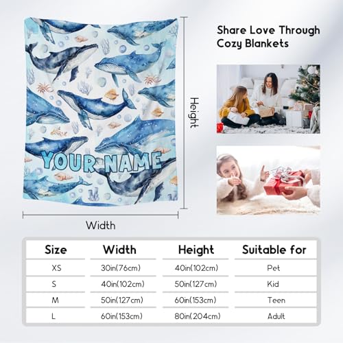Custom Whale Blanket with Name for Women, Cute Soft Gifts for Ocean Lovers, Cozy Flannel Throw for Bed Living Room, 60"x80"