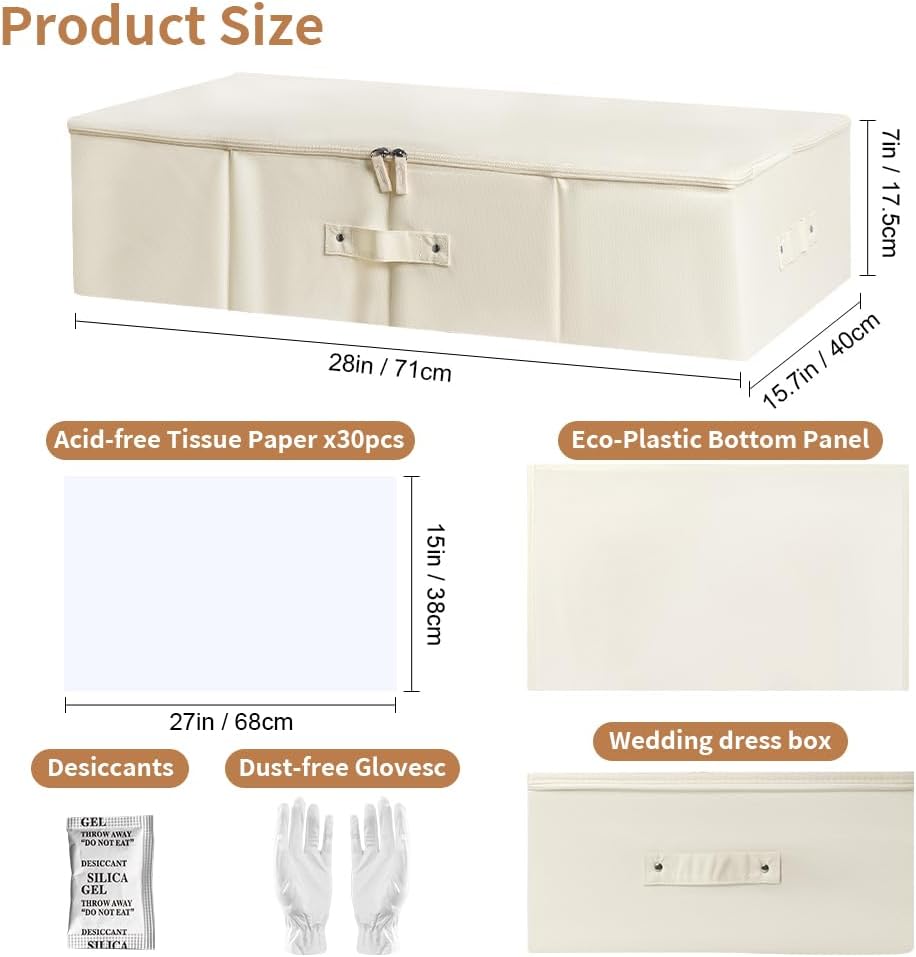 Beige Wedding Dress Storage Box with 30Pcs Acid-free Tissue Paper used as Heirloom Wedding Gown Storage Box