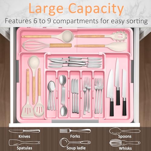 Silverware Organizer Expandable Kitchen Utensil Drawer Organizer Large BPA Free Adjustable Cutlery Silverware Tray for Spoons Forks Knives Storage Divider for Kitchen Flatware 6-9 Slots Pink