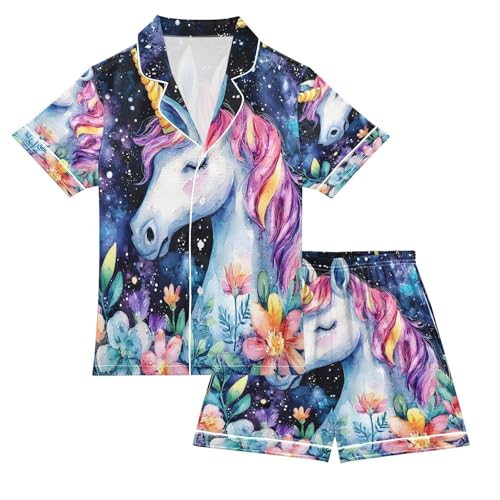 ALAZA Flower Unicorn Leaf Blossom Satin Pajamas Set Short Sleeve Button Down Sleepwear Summer Pjs 2 Piece