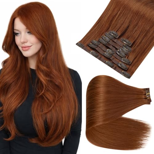 Image of Full Shine Copper Hair Extensions Real Human Hair,16 Inch | Seamless Clip Ins, Red, Invisible PU Weft, Natural Straight Blend, Full Head Volume, Daily Styling, 8Pcs 120g