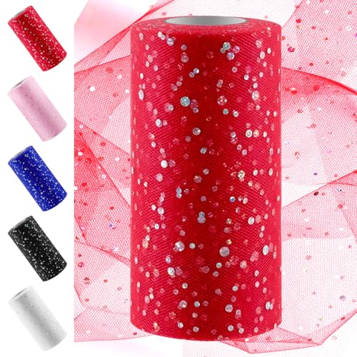 Swpeet Rouleau de tulle à paillettes rouge, 15,2 cm sur 45,7 m, bobine de tulle pour loisirs créatifs, décorations d'anniversaire, mariage, Noël