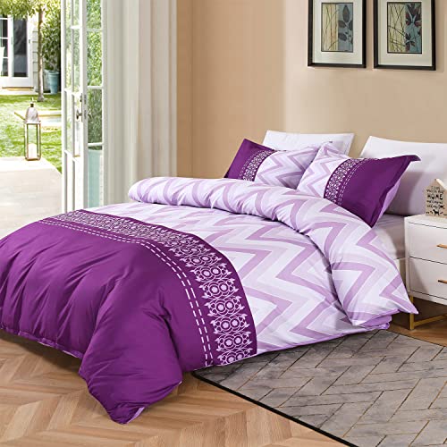 Ymy Geometric Duvet Cover Queen Size Purple, 100% Microfiber, Geometric Chevron Printed Bedding Duvet Cover 90X90 With 2 Pillow Shams, Purple, Queen Size #TOP1