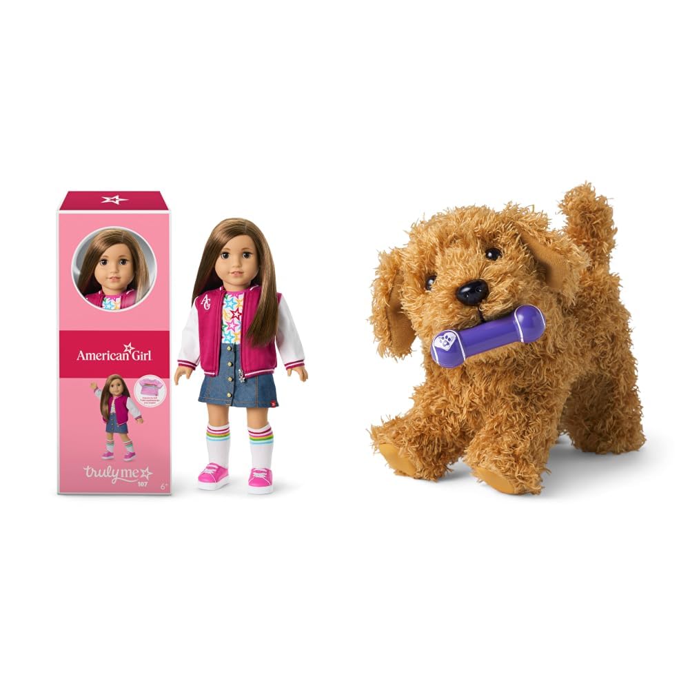 American Girl Truly Me 18-inch Doll #107 with Brown Eyes, Straight Brown Hair, Light-to-Medium Skin + Pet Daffodil Doodle Dog with Magnetic Mouth to Hold Her Barbell Toy, For Ages 6+ Bundle