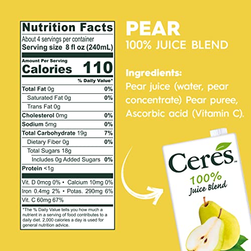Ceres 100% All Natural Pure Fruit Juice Blend - Delicious Pear Edition - Rich In Vitamin C, No Added Sugar Or Preservatives, Cholesterol Free, Gluten Free - 33.8 Fl Oz (Pack Of 12) #TOP3