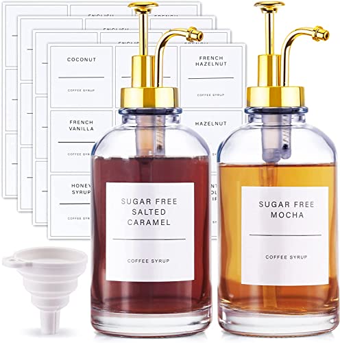Coffee Syrup Dispenser with 36 Labels and Pump,Coffee Pump Dispenser,Simple Glass Syrup Bottle for Coffee Bar,16.9oz 500ml,Set of 2 (Gold)