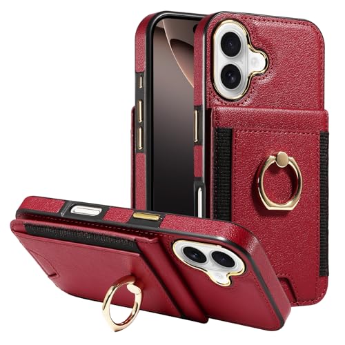 Protection anti-RFID pour iPhone 16 avec cet étui portefeuille rouge à anneau rotatif 360°