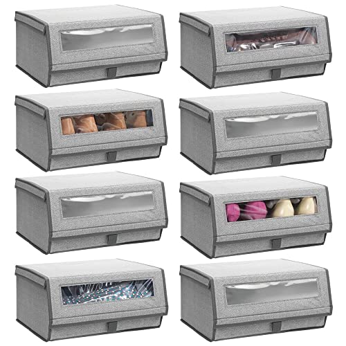 Tech Deals 🔥 mDesign Fabric Large Storage Box Bin with Clear Window and Hinged Lid - Holder for Mens and Womens Dress Shoes, Boots, Pumps, Sandals, Flats - Modern Closet Organizer Solution - 8 Pack - Gray