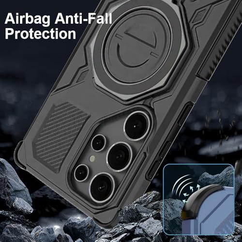 Image of KARWAN Tough Shockproof Armor Back Case Cover Compatible with Samsung Galaxy S25 Ultra with 360 Degree Rotation Magnetic Attraction Ring Holder, Heavy Duty Cover with MagEaze Wireless Charging (Black)