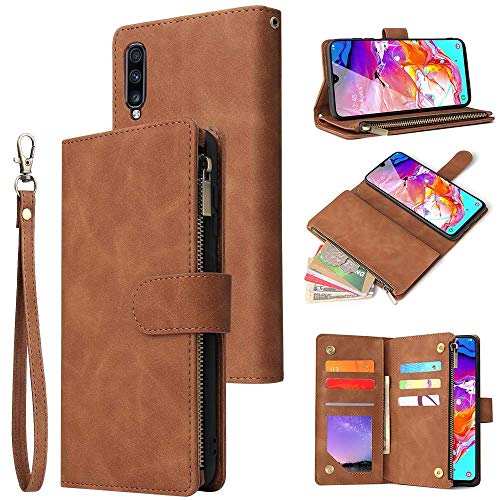 L-FADNUT A10 Wallet Case Leather for Samsung Galaxy A10 Trifold Flip Wallet Phone Case with Card Holder Magnetic Kickstand Zipper Folio Case Cover for Samsung Galaxy A10 Brown