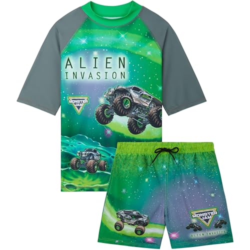 Monster Jam Boys Swim Suit Set 4-12 Yrs 2 Pcs Swimming Costume with Shorts UPF 50+ Beach & Pool Rash Vest & Swimming Trunks (4-5 Years Multi Monster Jam)