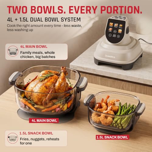 Image of Domestica Aerion Air Fryer | Pure Glass Visible Cooking | 4L + 1.5L Dual Bowl | 5 in 1 Airfry, Bake, Recrisp, Keep Warm | Dishwasher Safe | Soft Touch Button Controls | 1500W | 1 Yr Warranty