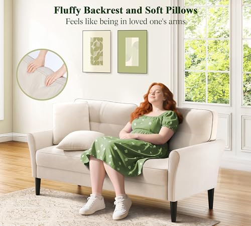 Image of Loveseat Sofa, 69 inch Love Seat Couches, Comfy Velvet Small Couches for Small Spaces with 2 Pillows, Tool-Free Setup Sofas & Couches, 700lb Load Sofas for Living Room, Mini Couch for Bedroom, White Couch