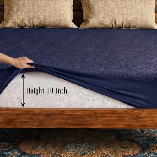 Image of Lithara Terry Cotton Fitted Mattress Protector for Single Bed | Waterproof & Elastic Band | Ultra Soft & Hypoallergenic Mattress Cover | Size : 30 x 80 Inches (2.5 x 6.67 Feet) | (Navy Blue)