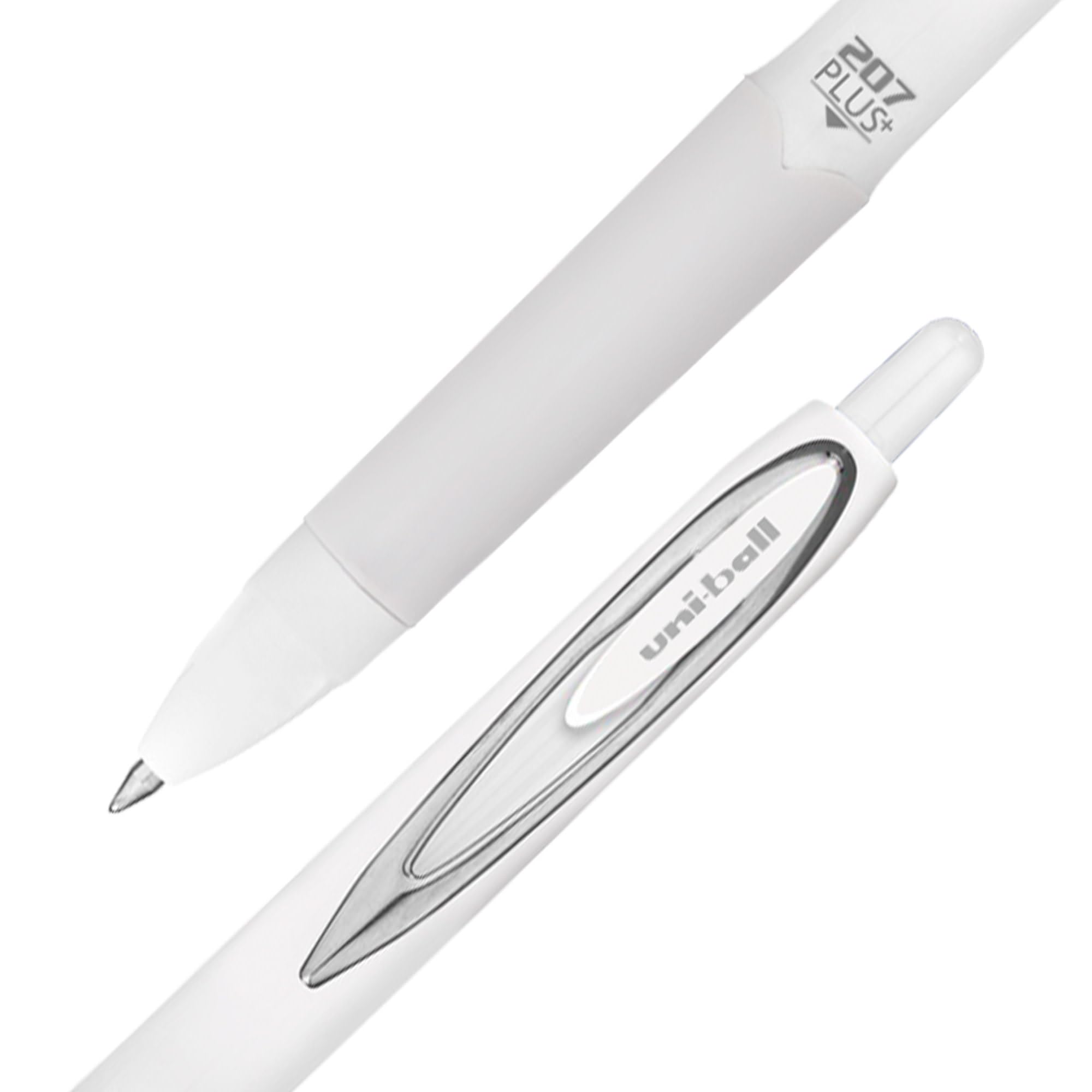 Uni-Ball 207 Plus+ wysuwane długopisy żelowe, średnia końcówka, 0,7 mm, białe beczki, czarny tusz, opakowanie 4 długopisów