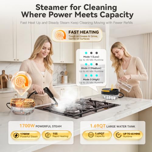 Image of Gautye Steam Cleaner, 15s Heat Up, 1.69 Quarts Tank with 15 Accessories