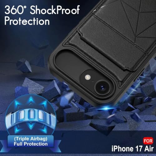 Image of amazon basics Premium Vegan Leather Back Cover with Card Holder and Integrated Mobile Stand for iPhone 17 Air - Slim Shockproof Wallet Case with Geometric Stitching [Black]