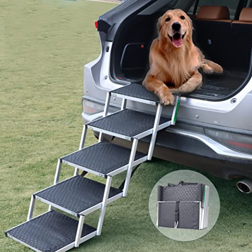 Haniml Dog Ramp For Car With Portable Aluminum Fram For Large Dogs, Foldable Dog Stairs With Nonslip Surface For High Beds,Trucks, Suv And Couch, Support Up To 150Lbs(5 Steps) #TOP7