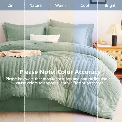 Image of CozyLux Oversized King Comforter Set with Sheets, 7 Pieces 120 inchx98 inch Sage Green Seersucker Bed in a Bag, Luxury Soft All-Season Bedding Sets with Down Alternative Comforter, Sheets, Pillowcases & Shams