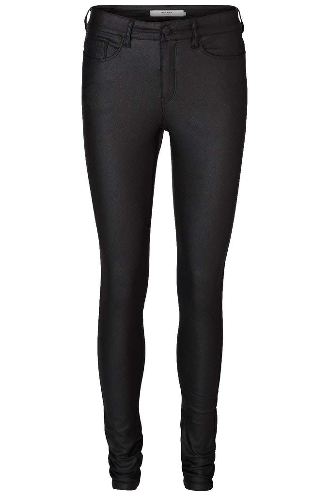 VERO MODA Women's Coated Skinny Fit Jeans Faux Leather Pants High Rise Stretch Trousers Vmseven, Colours:Black, Size:M / 32L, Leg Length:L32