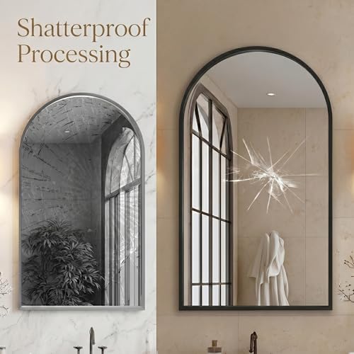 Image of 24 inchx36 inch Arched Black Bathroom Mirror - Metal Framed with HD Shatter-Proof Glass, Wall-Mounted for Over Sink, Entryway, Living Room, Bedroom