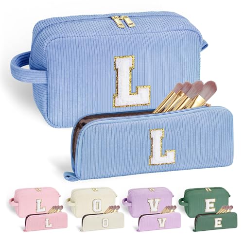 YOOLIFE Wedding Gifts Bridesmaid Gifts - Monogram Cute Blue Makeup Bags Cosmetic Toiletry Pouch Make Up Case for Women Her Best Friend Sister Teacher Girlfriend Personalized Birthday Gifts for Women L